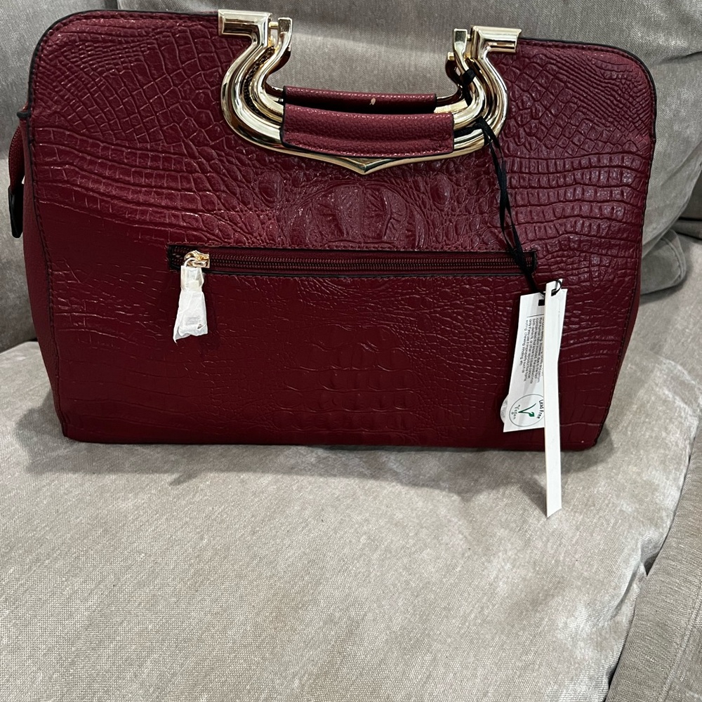 Burgundy faux Croc-Embossed Handbag with Gold Accents